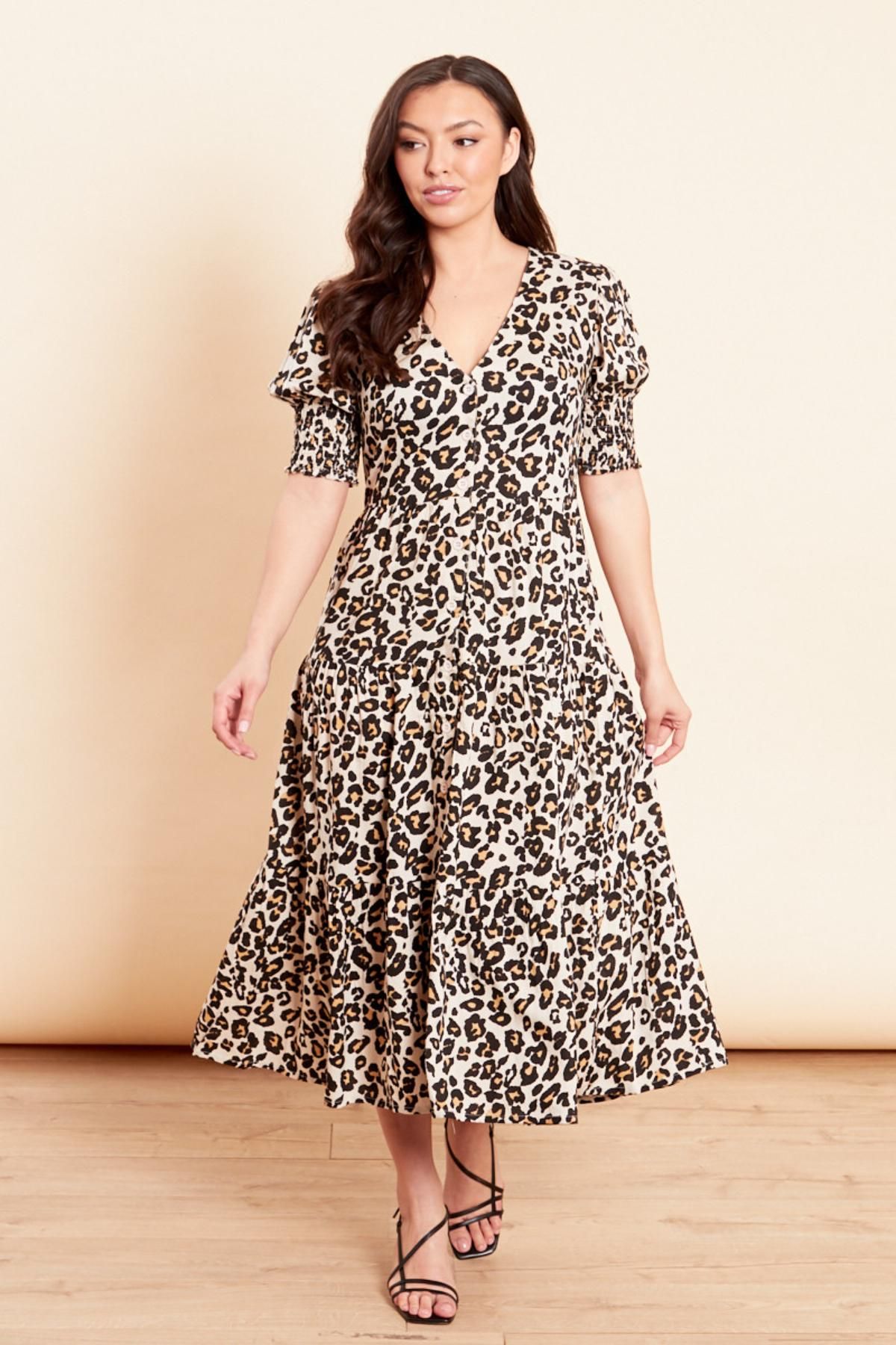 Influence Womens Woven Leopard Midi Dress Beige