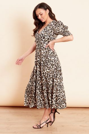 Influence Womens Woven Leopard Midi Dress Beige