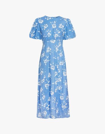 Influence Womens Linen Mix Floral Midi Dress Blue