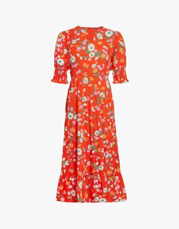 Influence Womens Floral midi Tiered Dress Red