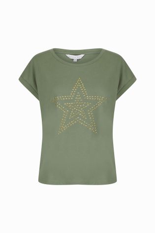 Amara Reya Womens Studded Star T-shirt Green